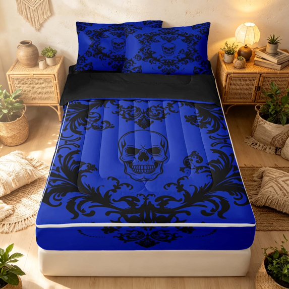 Erosebridal Southwestern Damask Zipper Twin Comforter Sets with Fitted Sheet and 2 Pillowcases, Retro Death Skull Zipper Bedding Set, Black Royal Blue, Black Reversible