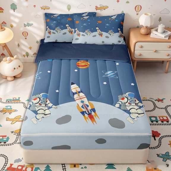 Erosebridal Space Rocket Pattern Zipper Twin Comforter Sets with Fitted Sheet and 2 Pillowcases,Astronaut Planet Print Zipper Bedding Set,Blue Orange White,Navy Blue Reversible