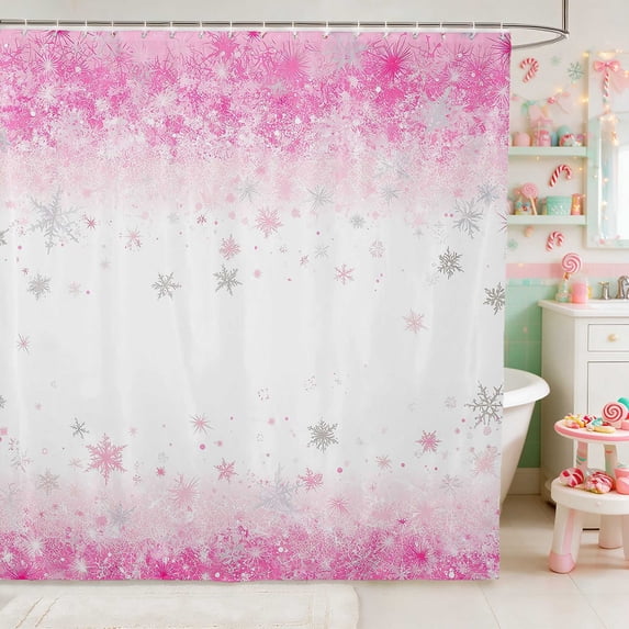Manfei Sparkle Christmas Waterproof Shower Curtain 72Wx72L, Pink Silver