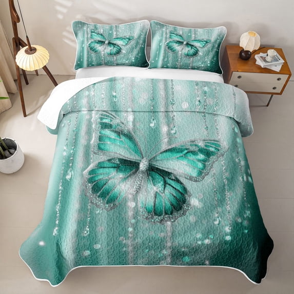 Erosebridal Sparkle Print Butterfly Quilt King,Cute Fly Animal King Coverlet Set For Girls,3-Piece