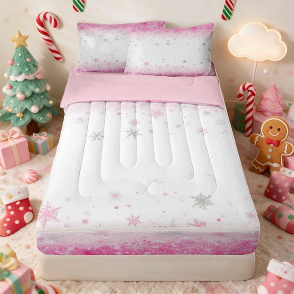 Manfei Sparkle Zipper Twin Comforter Sets with Fitted Sheet and 2 Pillowcases Christmas Zipper Bedding Set, Brown Cream, Pink Reversible