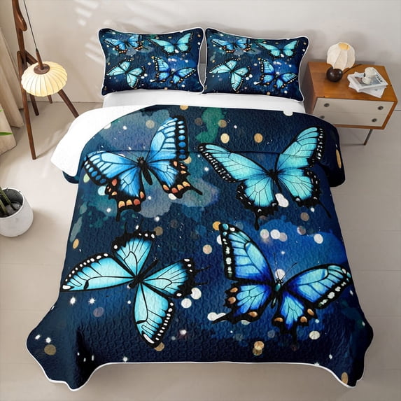 Erosebridal Sparkling Blue Butterfly Twin Quilt Set for Girls, Watercolor Dot Print Twin Coverlet Set, 2pcs