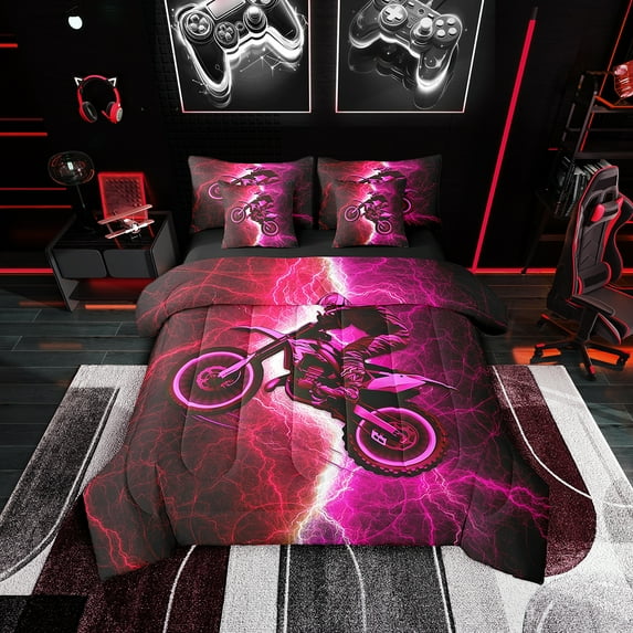 Erosebridal Speed Dirt Bike Bedding Full Size 7pcs , Lightning Comforter Sets with Sheets, Microfiber