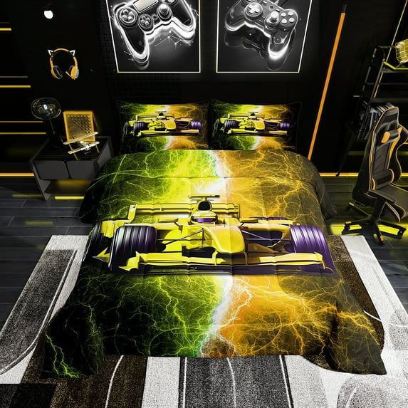 Erosebridal Speed Racing Car Bedding Sets King with Comforter , Lightning Duvet Insert, Microfiber, 3pcs