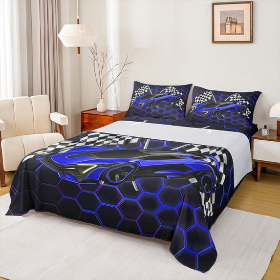 Erosebridal Speed Sports Car Queen Sheet Sets for Kids Boys, Neon Blue Honeycomb Bed Set, 1 Flat Sheet, 1 Fitted Sheet and 2 Pillowcases