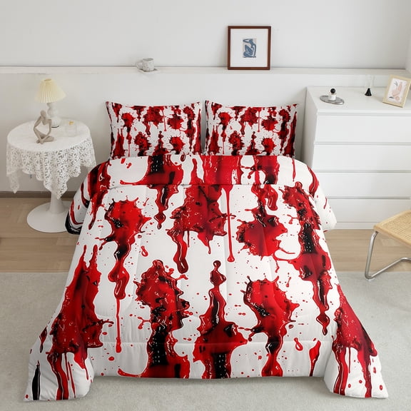 Erosebridal Spider Bedding King Comforter Set, Blood Fingerprint Duvet Insert, White Red Reversible Comforters & Duvets, Microfiber Room Decorative, 3 Pieces