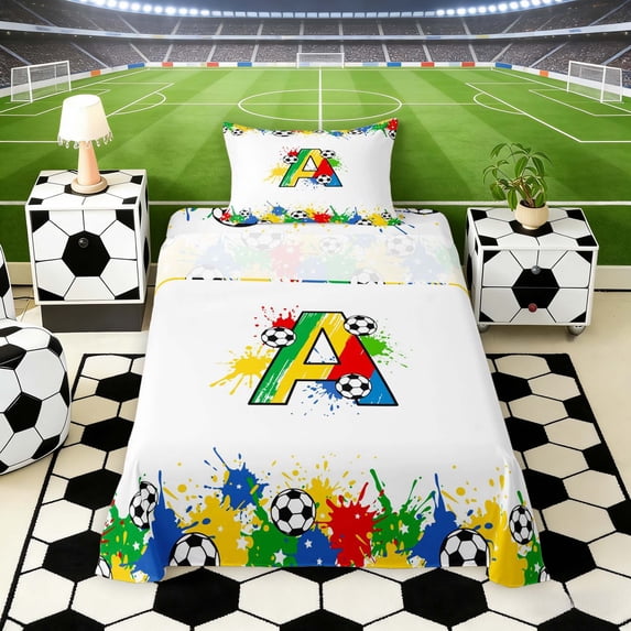 Erosebridal Splash Soccer Letter A Twin Sheet Sets, Sport Bedding for Boys and Girls, 3 Pieces, 1 Flat Sheet, 1 Fitted Sheet and 1 Pillowcase