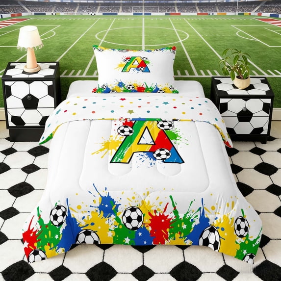 Erosebridal Splash Soccer Letter A Twin Comforter Sets, Sport Bedding Set for Boys and Girls, Polka Dots Reversible 2 Pieces, 1 Comforter and 1 Pillowcase