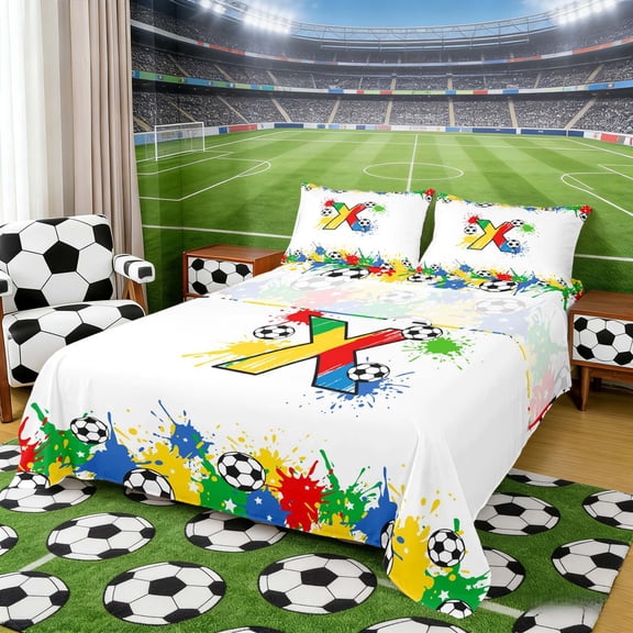 Erosebridal Splash Soccer Letter X Full Size Sheets, Sport Bed Sheets for Boys and Girls, 4pcs, 1 Flat Sheet, 1 Fitted Sheet and 2 Pillowcases