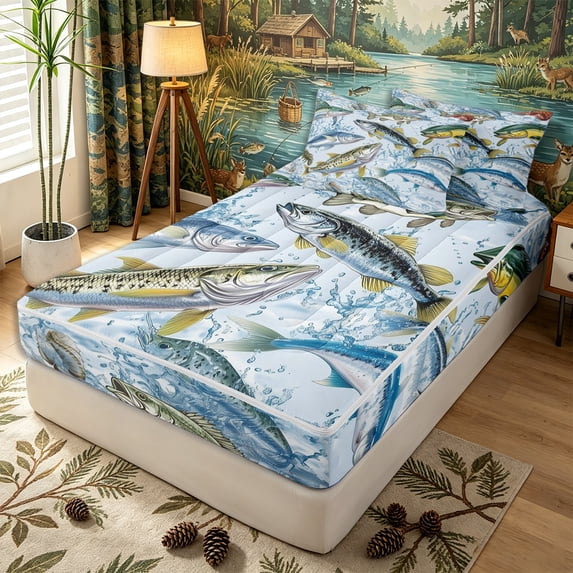Erosebridal Splash Trout Fish Print Zipper Twin Comforter Sets with Fitted Sheet and 2 Pillowcases,Water Wave Lake Accent Zipper Bedding Set,Blue Yellow,4-Piece,Reversible
