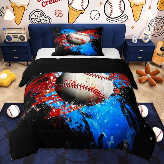 Erosebridal Splatter Baseball Twin Comforter Sets, Red Blue Watercolor Bedding Set for Boys and Girls, 2pcs