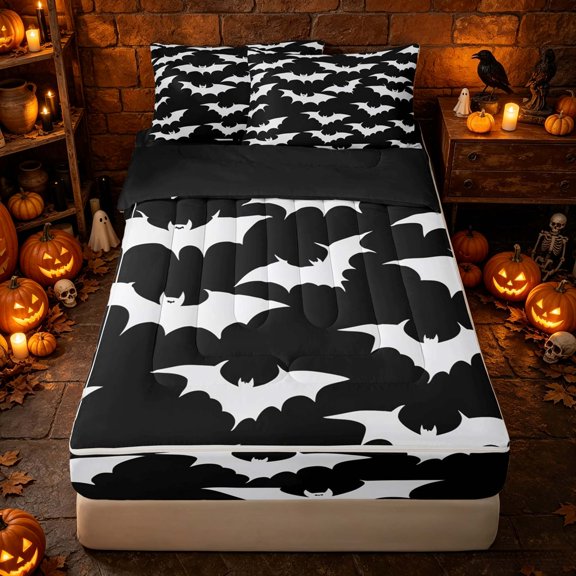 Erosebridal Spooky Bat Silhouette Zipper Queen Comforter Set with Fitted Sheet and 2 Pillowcases, Halloween Zipper Bedding Set for Boys Girls, Black White, Black Reversible