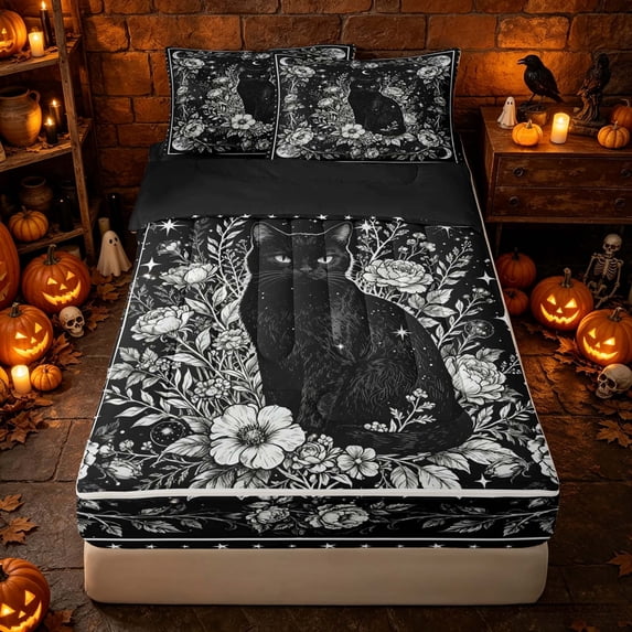 Erosebridal Spooky Black Cat Zipper Twin Comforter Sets with Fitted Sheet and 2 Pillowcases, Boho Crescent Moon Flower Zipper Bedding Set for Boys Girls, Black White, Black Reversible