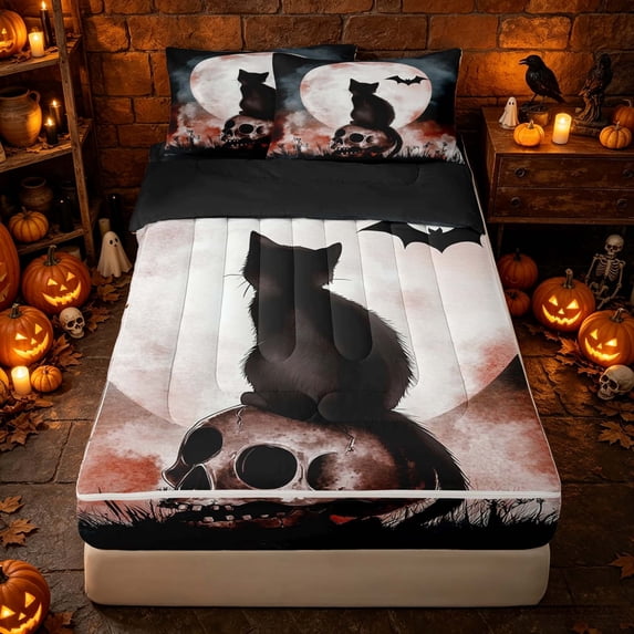 Erosebridal Spooky Black Cat Zipper Twin Comforter Sets with Fitted Sheet and 2 Pillowcases, Halloween Skull Bat Zipper Bedding Set for Boys Girls, Black Red Grey, Black Reversible