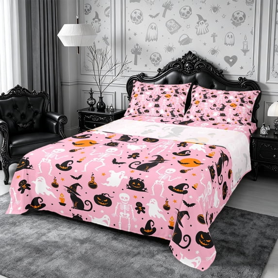 Erosebridal Spooky Black Cats Queen Sheets 4 Pieces,Gothic Halloween Skeleton Queen Sheet Sets,Pink,1 Flat Sheet, 1 Fitted Sheet and 2 Pillowcases