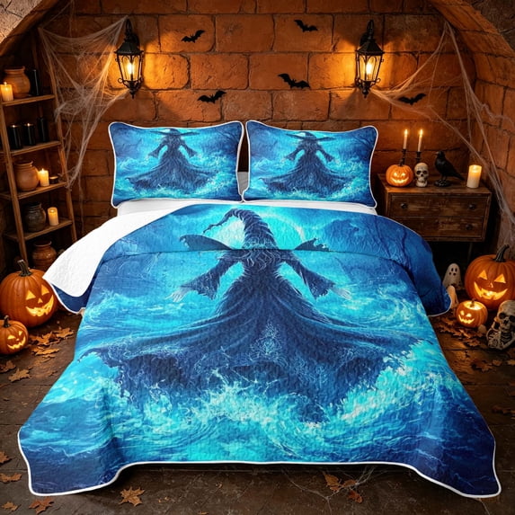 Erosebridal Spooky Blue Witch Twin Quilt Set, Halloween Moon Night Twin Coverlet Set for Boys Girls, Cyan Black, 2 Pieces 1 Bedspread and 1 Pillowcase