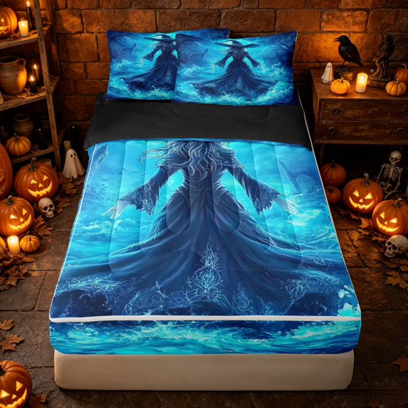 Erosebridal Spooky Blue Witch Zipper Twin Comforter Sets with Fitted Sheet and 2 Pillowcases, Halloween Moon Night Zipper Bedding Set for Boys Girls, Cyan Black, Black Reversible