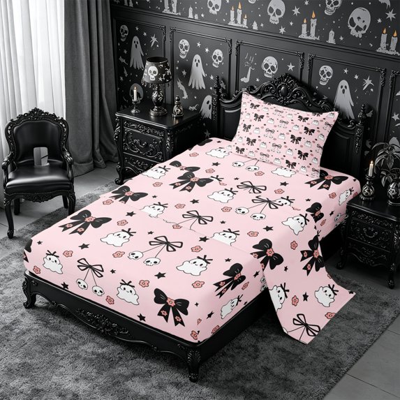 Erosebridal Spooky Bows Twin Sheets 3pcs,Cute Halloween Bedding,Pink,1 Flat Sheet, 1 Fitted Sheet and 1 Pillowcase