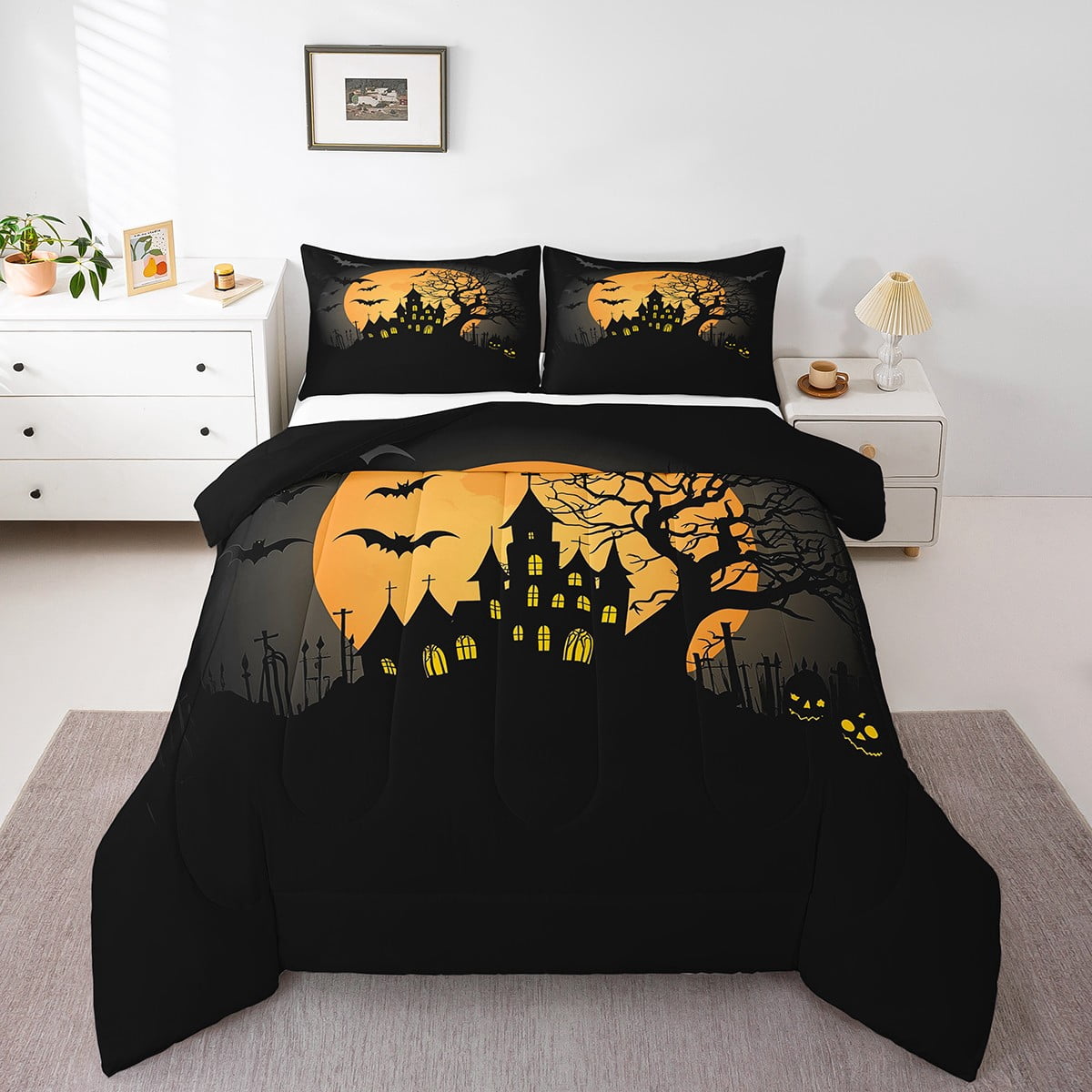 Halloween Bat Duvet Cover Set - Gothic Lime Green & Black Bedding For Toddler/Twin/Full/Queen/King, 3D Print, Microfiber