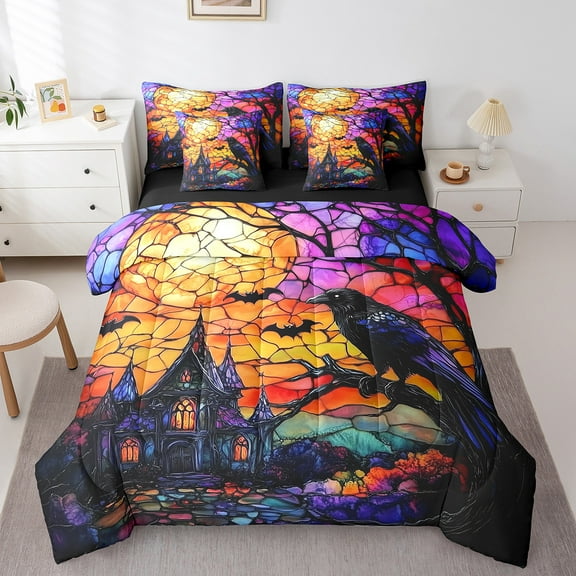 Erosebridal Spooky Castle Bedding Sets Queen Size, Black Crow Comforter Sets with Sheets, Gothic Halloween Reversible Bedding Queen Size, Lightweight Bedroom Decoration, 7pcs
