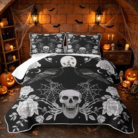 Erosebridal Spooky Crow Quilt King, Halloween White Rose King Coverlet Set for Boys Girls, Black White, 3pcs 1 Bedspread and 2 Pillowcases