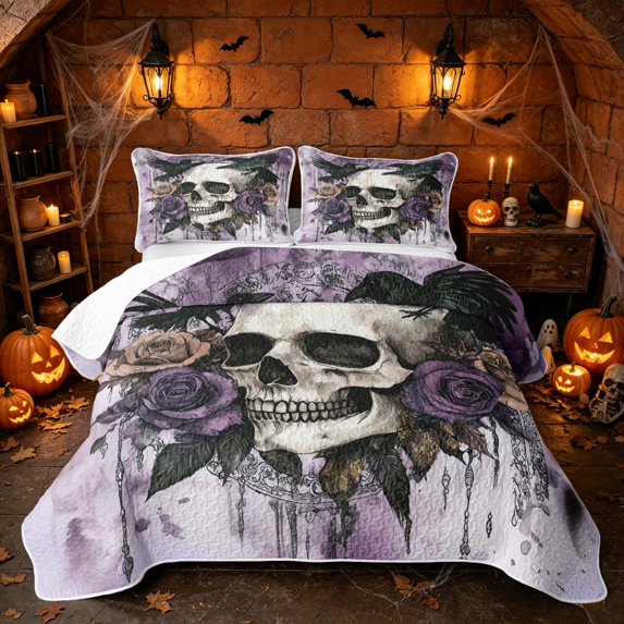 Erosebridal Spooky Crow Skull Twin Quilt Set, Boho Purple Rose Twin Coverlet Set for Boys Girls, Lavender White Black, 2 Pieces 1 Bedspread and 1 Pillowcase