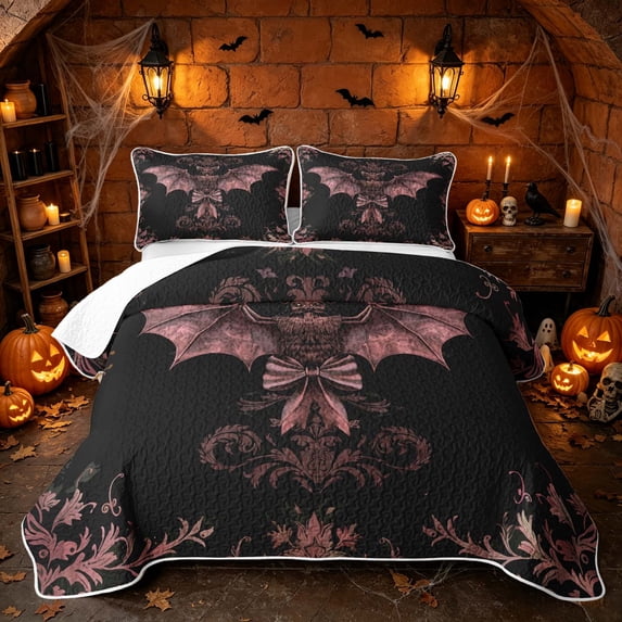 Erosebridal Spooky Damask Bat Quilt King, Boho Bow King Coverlet Set for Boys Girls, Black Dusty Mauve, 3pcs 1 Bedspread and 2 Pillowcases