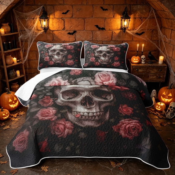 Erosebridal Spooky Floral Skull Twin Quilt Set, Boho Blooming Rose Twin Coverlet Set for Boys Girls, Dark Gray Dusty Red, 2 Pieces 1 Bedspread and 1 Pillowcase