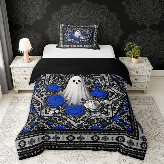 Erosebridal Spooky Ghost Twin Bedding, Bohemian Aztec Mandala Duvet Cover Set, Black Gray Blue, Black Reversible 2pcs, 1 Duvet Cover and 1 Pillowcase (No Comforter)