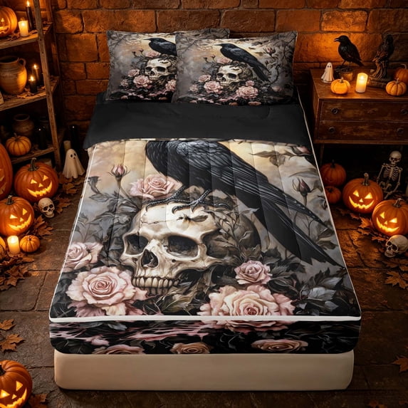 Erosebridal Spooky Gothic Crow Zipper Queen Comforter Set with Fitted Sheet and 2 Pillowcases, Boho Rose Skull Zipper Bedding Set for Boys Girls, Sepia Black Blush, Black Reversible