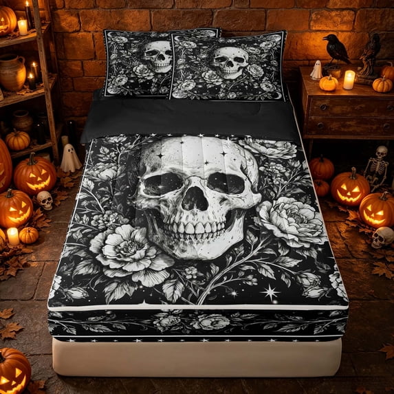Erosebridal Spooky Gothic Skull Zipper Queen Comforter Set with Fitted Sheet and 2 Pillowcases, Hippie Starry Blossom Zipper Bedding Set for Boys Girls, Black White, Black Reversible