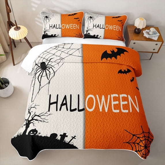 Erosebridal Spooky Halloween Themed Quilt King,Black Bat Spider Web King Coverlet Set For Girls,3 Pieces