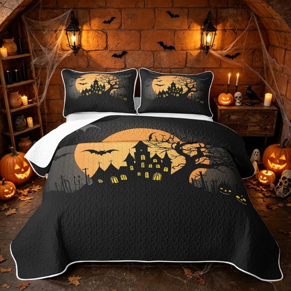 Erosebridal Spooky Haunted Castle Twin Quilt Set, Halloween Bat Pumpkin Twin Coverlet Set for Boys Girls, Black Orange, 2-Piece 1 Bedspread and 1 Pillowcase
