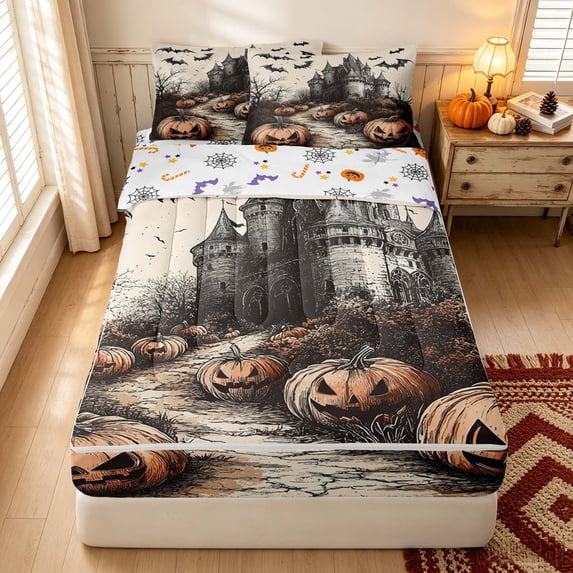 Erosebridal Spooky Haunted Castle Zipper Twin Comforter Sets with Fitted Sheet and 2 Pillowcases, Halloween Pumpkin Bat Zipper Bedding Set for Boys Girls, Orange Beige Black, Halloween Reversible