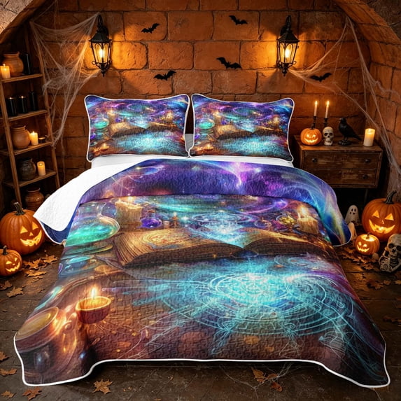 Erosebridal Spooky Magic Grimoire Twin Quilt Set, Halloween Glowing Bottles Twin Coverlet Set for Boys Girls, Cyan Purple Gold, 2 Pieces 1 Bedspread and 1 Pillowcase