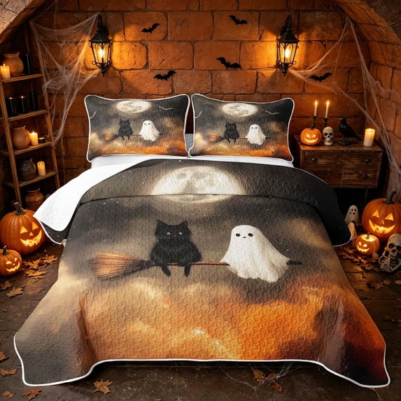 Erosebridal Spooky Moon Bat Quilt Full, Cute Ghost Cat Full Bedspread Sets for Boys Girls, Orange Black Cream, 3-Piece 1 Coverlet and 2 Pillowcases