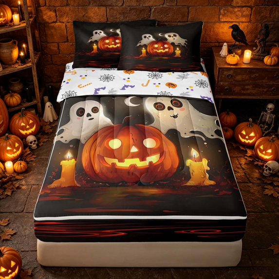 Erosebridal Spooky Pumpkin Lantern Zipper Full Size Comforter Sets with Fitted Sheet and 2 Pillowcases, Cute Ghost Zipper Bedding Set for Boys Girls, Dark Black Orange, Halloween Reversible
