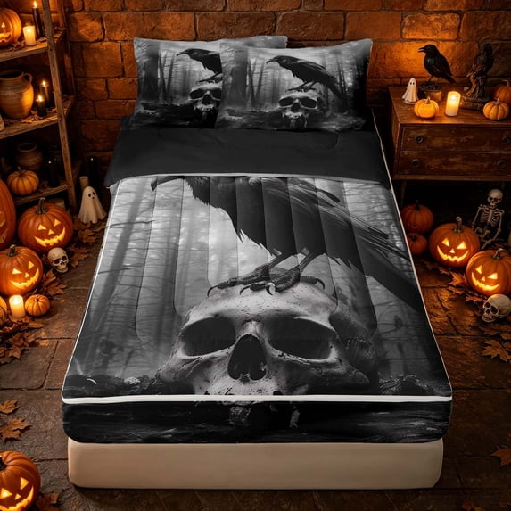 Erosebridal Spooky Raven Zipper Full Size Comforter Sets with Fitted Sheet and 2 Pillowcases, Halloween Bone Skull Zipper Bedding Set for Boys Girls, Charcoal Black Gray, Black Reversible