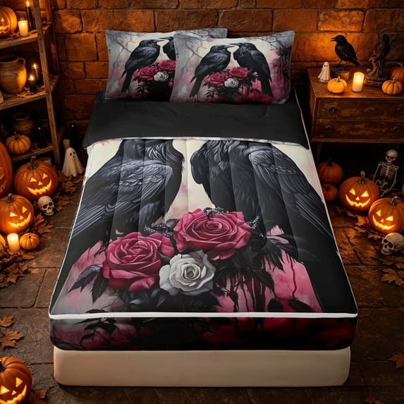 Erosebridal Spooky Ravens Zipper Twin Comforter Sets with Fitted Sheet and 2 Pillowcases, Halloween Dark Roses Zipper Bedding Set for Boys Girls, Black Red White, Black Reversible
