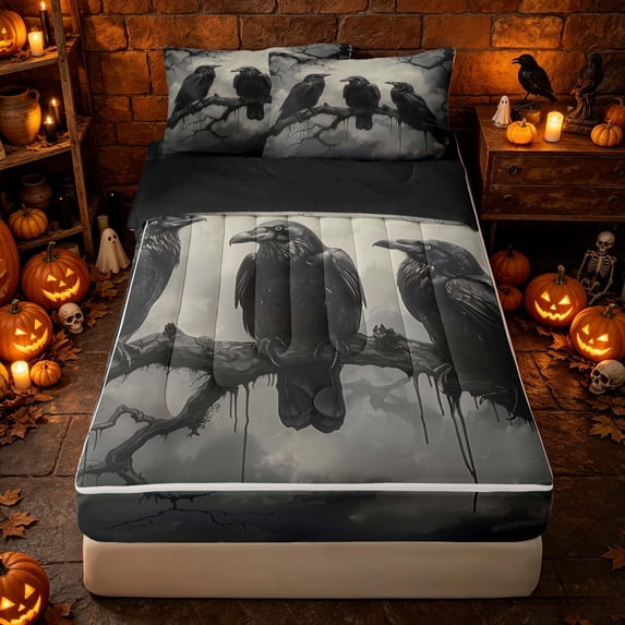 Erosebridal Spooky Ravens Zipper Twin Comforter Sets with Fitted Sheet and 2 Pillowcases, Halloween Misty Branch Zipper Bedding Set for Boys Girls, Gray Black, Black Reversible