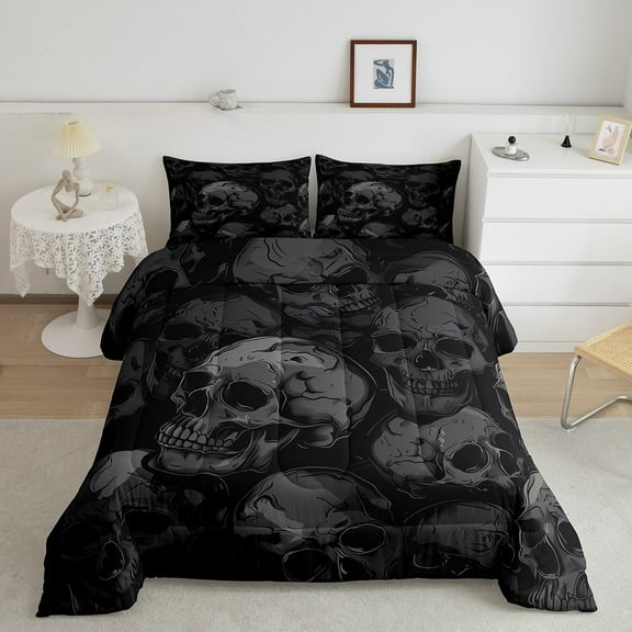 Erosebridal Spooky Skeleton Bedding Sets King with Comforter, Skull Print Comforter Sets King Size, Adult Teens Reversible Down Comforter, Lightweight Bedroom Decorative, 3pcs