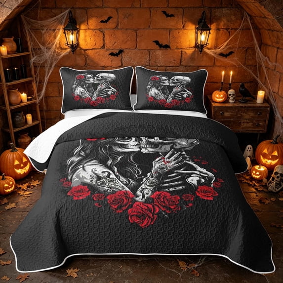 Erosebridal Spooky Skeleton Couple Twin Quilt Set, Happy Halloween Twin Coverlet Set for Boys Girls, Black White Red, 2pcs 1 Bedspread and 1 Pillowcase