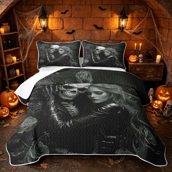 Erosebridal Spooky Skeleton Lover Twin Quilt Set, Boho Grey Rose Twin Coverlet Set for Boys Girls, Black Grey White, 2pcs 1 Bedspread and 1 Pillowcase