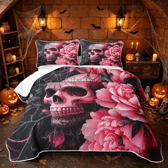 Erosebridal Spooky Skeleton Quilt Full, Hippie Peony Flower Full Bedspread Sets for Girls, Pink Black, 3-Piece 1 Coverlet and 2 Pillowcases