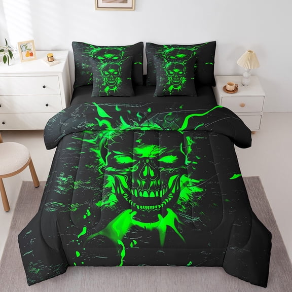 Erosebridal Spooky Skull Bedding Full Size, Horror Halloween Bed Set, Gothic Style Reversible Bed in a Bag Full size, Ultra Soft Bedroom Decor, 7 Pieces