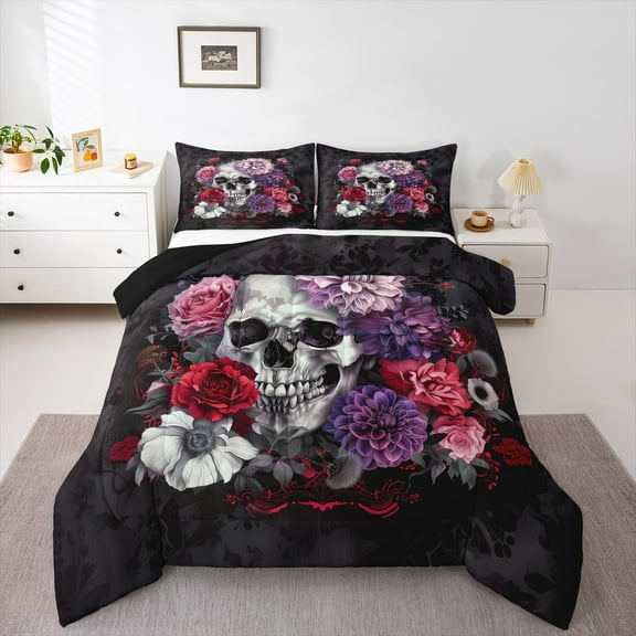 Erosebridal Spooky Skull Bedding Twin Comforter Set,Gothic Halloween Theme Down Comforter,Botanical Flower Rose Bedding Sets Twin with Comforter,Breathable Bedroom Decor Reversible,2-Piece