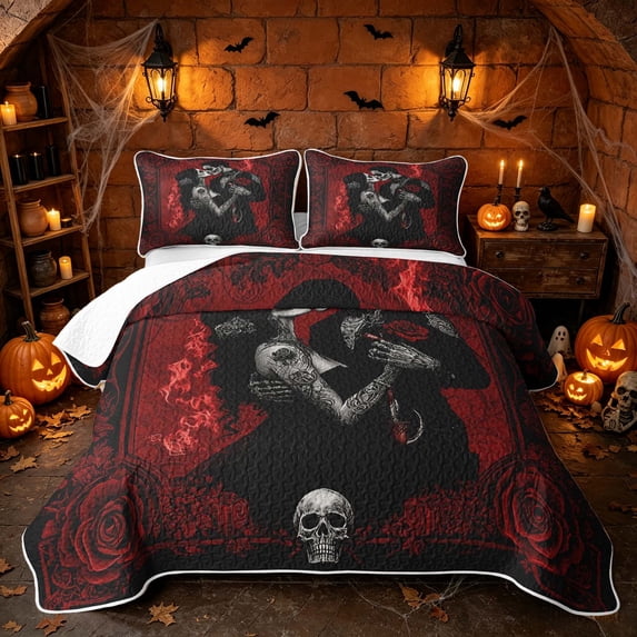 Erosebridal Spooky Skull Couple Quilt Full, Boho Red Rose Full Bedspread Sets for Boys Girls, Black Red White, 3pcs 1 Coverlet and 2 Pillowcases