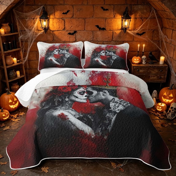 Erosebridal Spooky Skull Couple Twin Quilt Set, Halloween Red Rose Twin Coverlet Set for Boys Girls, Red Black Grey, 2-Piece 1 Bedspread and 1 Pillowcase