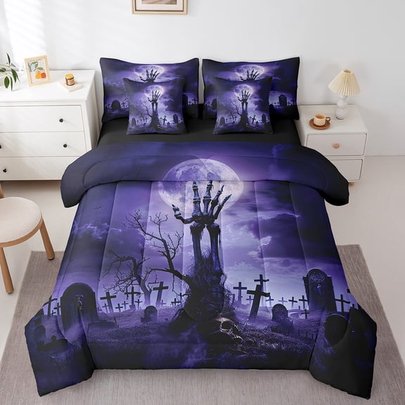 Erosebridal Spooky Skull Hand Bed in a Bag Queen size, Horror Halloween Bedding Queen Size, Psychedelic Galaxy Reversible Bed Set, Breathable Room Decor, 7pcs