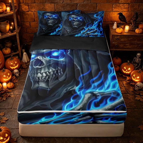 Erosebridal Spooky Skull Zipper Full Size Comforter Sets with Fitted Sheet and 2 Pillowcases, Halloween Fire Zipper Bedding Set for Boys Girls, Dark Gray Cyan, Black Reversible